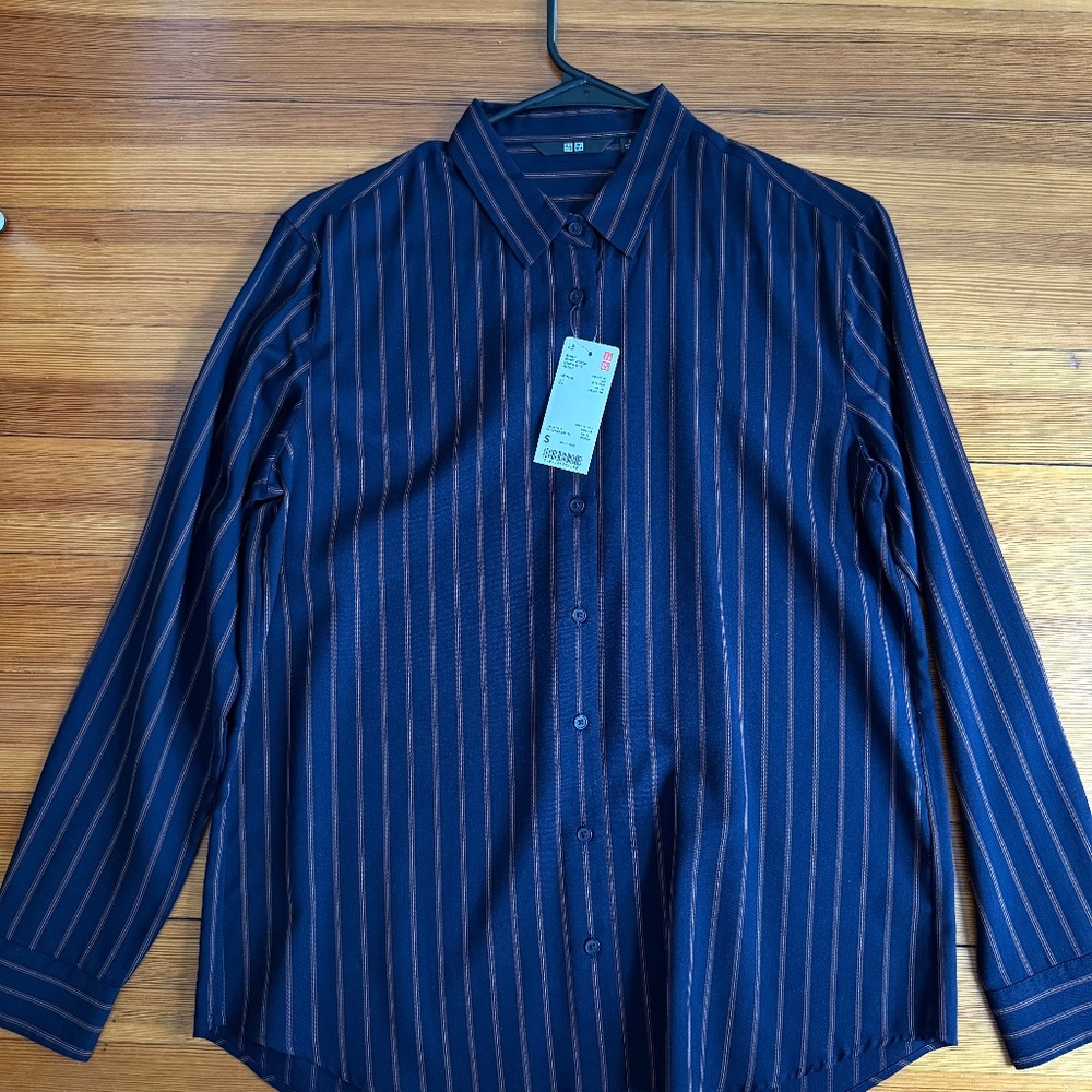 NWT Uniqlo Tops | Uniqlo Rayon Striped Long-Sleeve Blouse - Navy - S